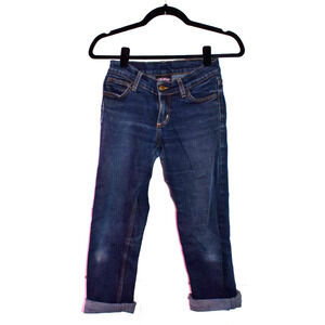 Vtg Y2K SINISTER Crop Capri Cuffed Dark Blue Jeans w/Pinstripe Stitch Juniors 25
